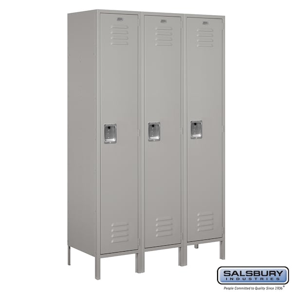 1 Tier Metal Locker, 54"Wx78"Hx18"D, 3 Door, Gray, Unassembled